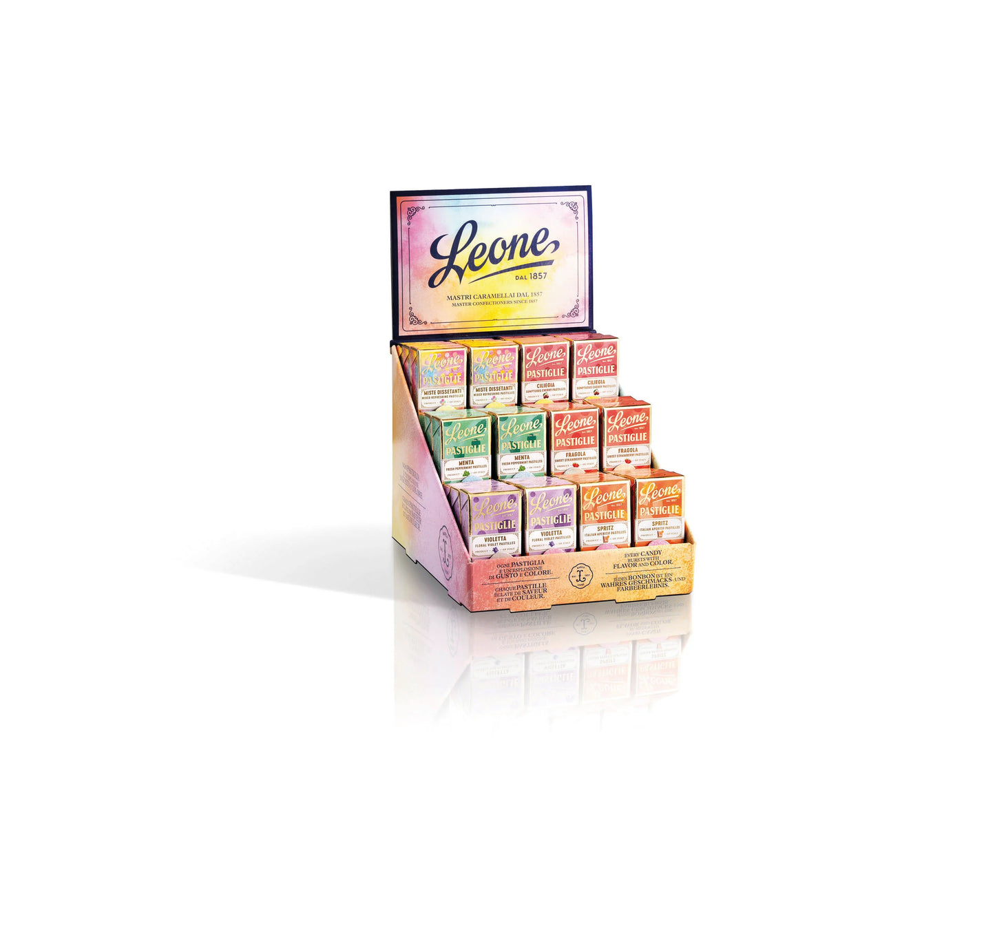 Présentoir Pastilles Leone Assorties 36 Boîtes de 27g — Bonbons Italiens Traditionnels depuis 1857