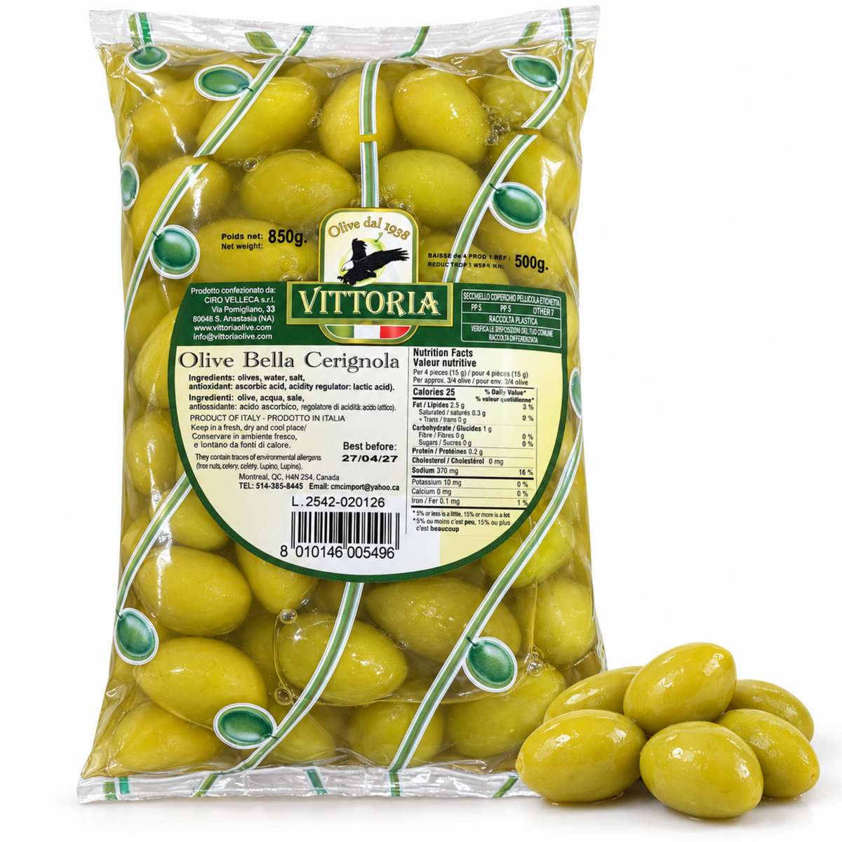 Vittoria Bella di Cerignola Green Olives 500g – Large, Fleshy and Crunchy Olives, Since 1938