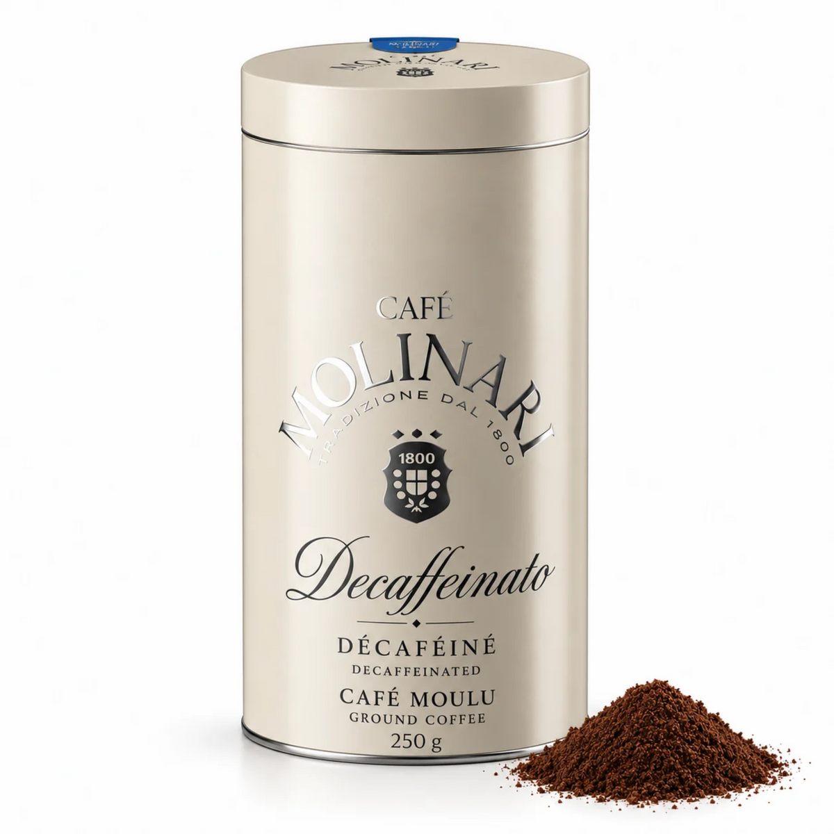 Molinari Decaffeinated Ground Coffee 250 g – Mild and Aromatic Italian Blend, All the Taste of Espresso Without the Caffeine