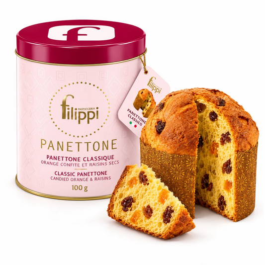 Filippi Classic Panettone 100g in Metal Tin – Artisanal Italian Christmas Cake, Candied Orange and Raisins | Pasticceria Filippi