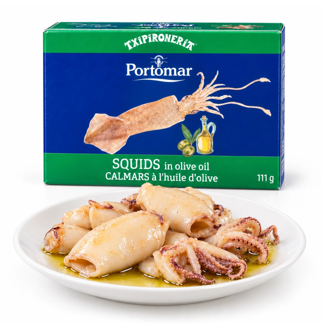 Calamars à l’Huile d’Olive 111 g Portomar – Conserve Artisanale de Galice, Espagne | Conservas Portomar