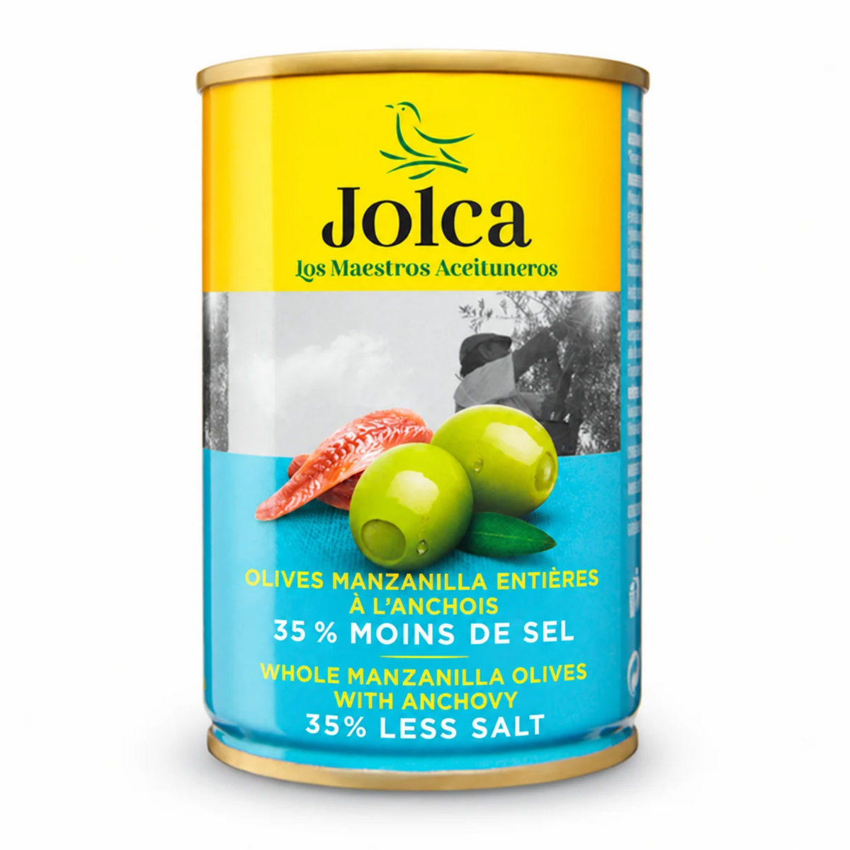 Olives Manzanilla Entières à l'Anchois 35% Moins de Sel 300g – Jolca | Saveur Andalouse Allégée en Sel