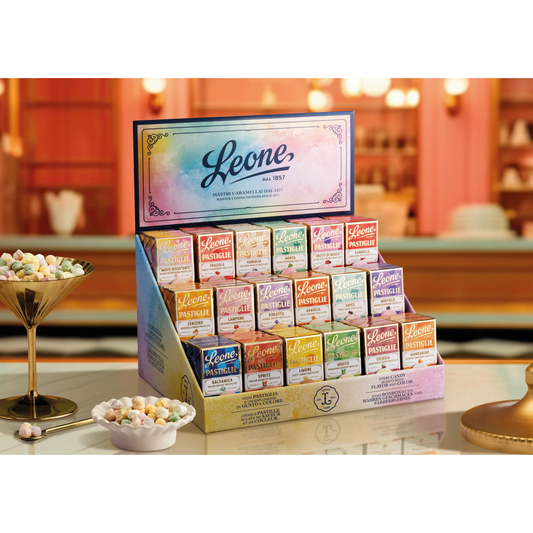 Présentoir Pastilles Leone Assorties 54 Boîtes de 27g — Bonbons Italiens Traditionnels depuis 1857