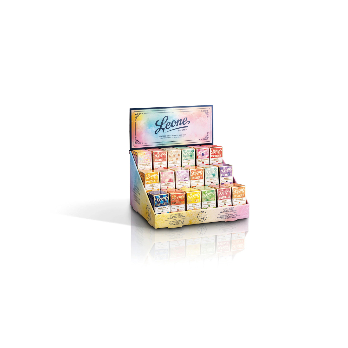 Présentoir Pastilles Leone Assorties 54 Boîtes de 27g — Bonbons Italiens Traditionnels depuis 1857
