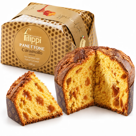 Salted Caramel Panettone 500g Filippi – Artisanal Italian Naturally Leavened Christmas Cake, Creamy Caramel Pieces | Pasticceria Filippi
