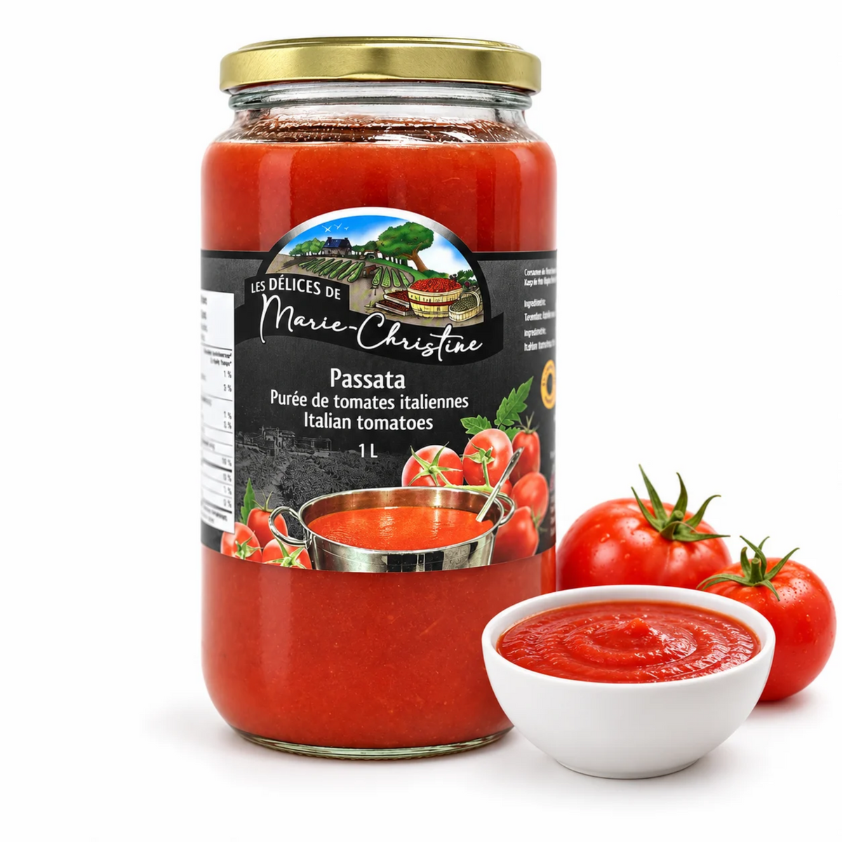 Marie-Christine's Delights Tomato Passata 1 L – Artisanal Tomato Purée from Quebec, Smooth and No Salt Added | Alcaro Farms