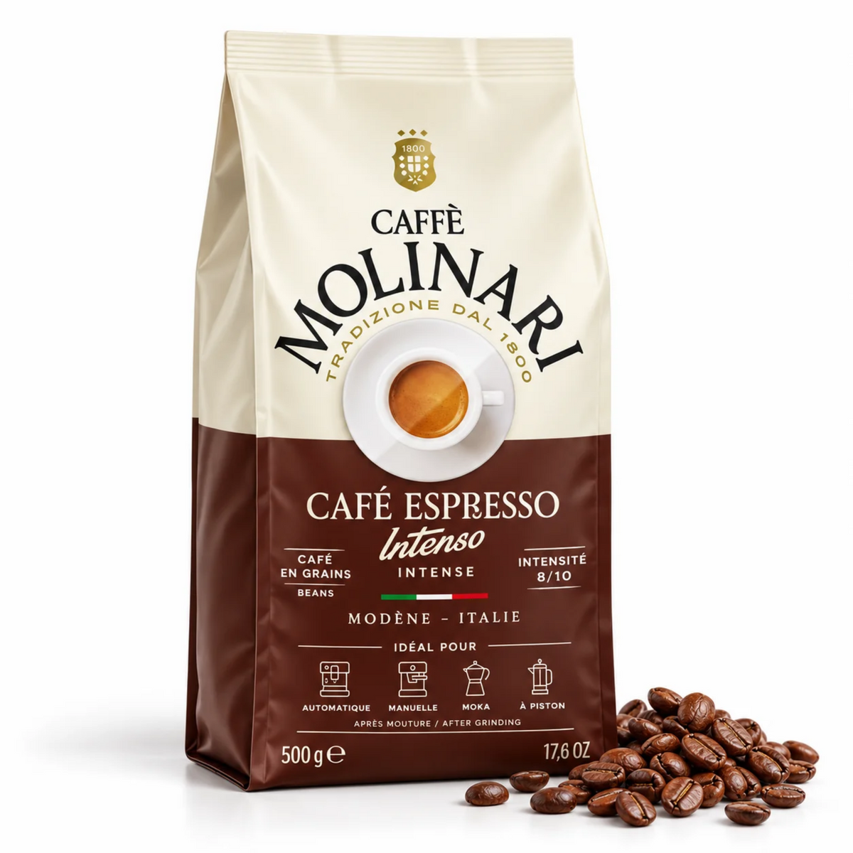 Café en Grains Intenso 500 g Molinari – Mélange Italien Corsé, Crema Épaisse et Notes de Chocolat