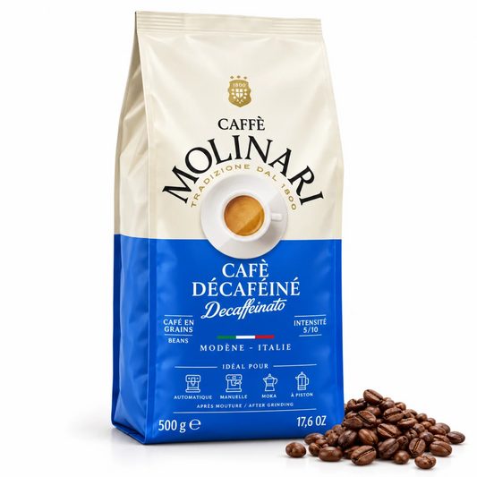 Café en Grains Décaféiné 500 g Molinari – Mélange Italien Corsé et Raffiné, Très Faible en Caféine
