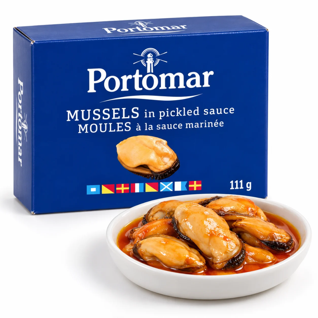 Mussels in Pickled Sauce (Escabeche) 111 g Portomar – Artisanal Canned Food from Galicia, Spain | Conservas Portomar
